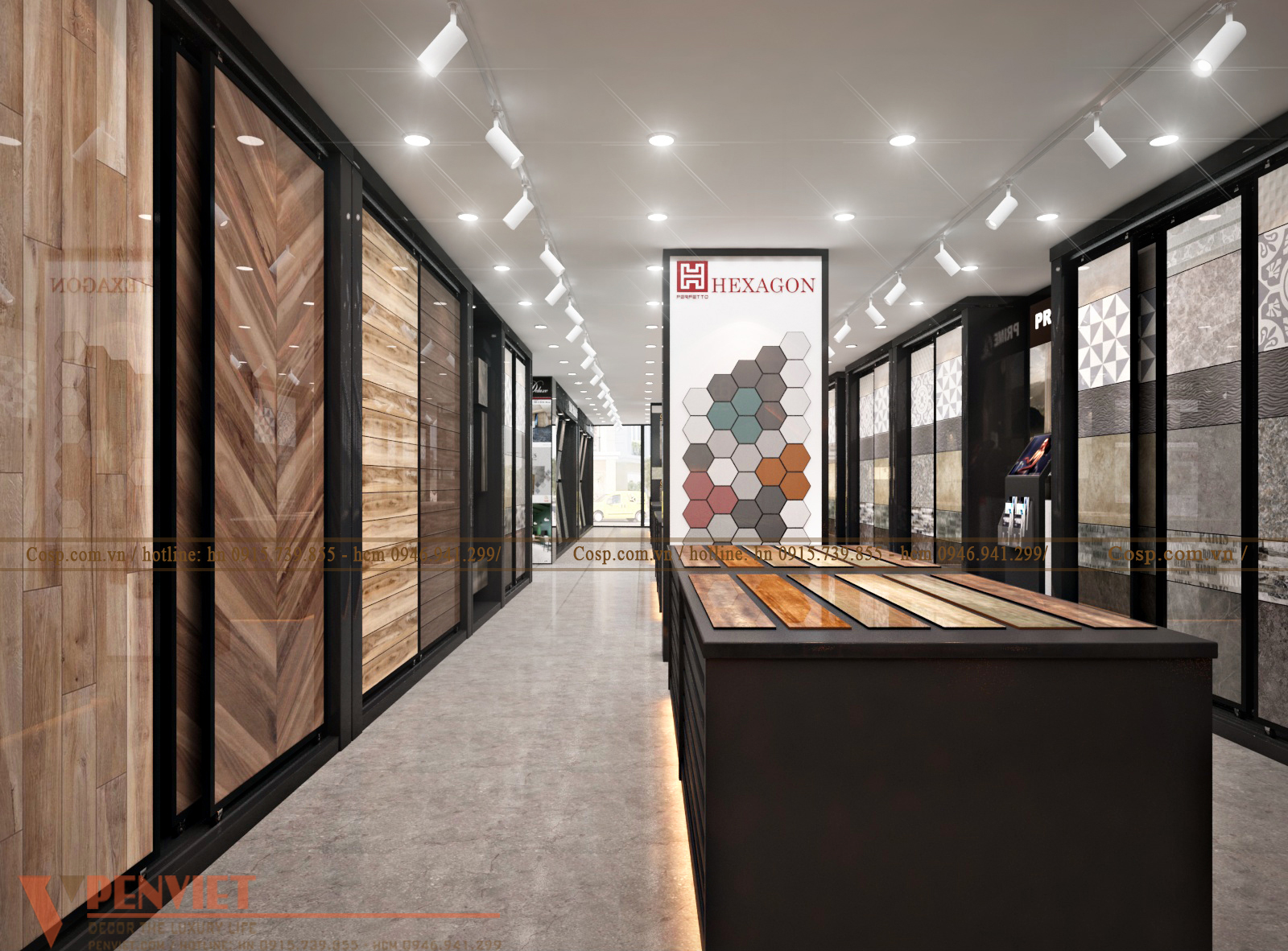 Cột trưng bày gạch lục giác bắt mắt