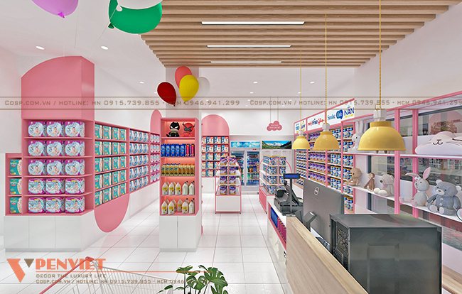 Nội thất shop xinh xắn với gam màu hồng và trắng