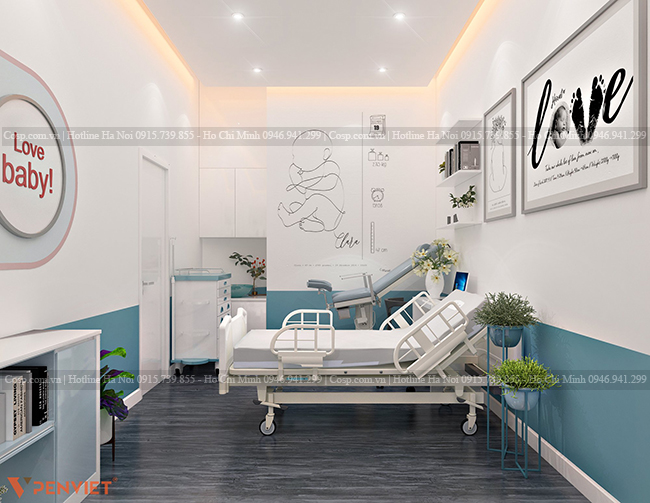 Thiết kế phòng khám sản phụ khoa với màu trắng và xanh chủ đạo
