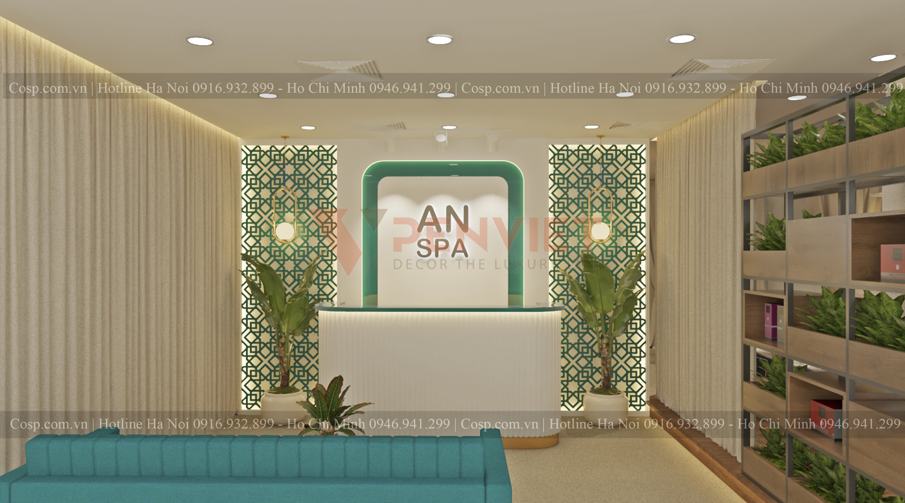 Thiết kế nội thất spa An màu xanh ngọc, gợi cảm giác dễ chịu