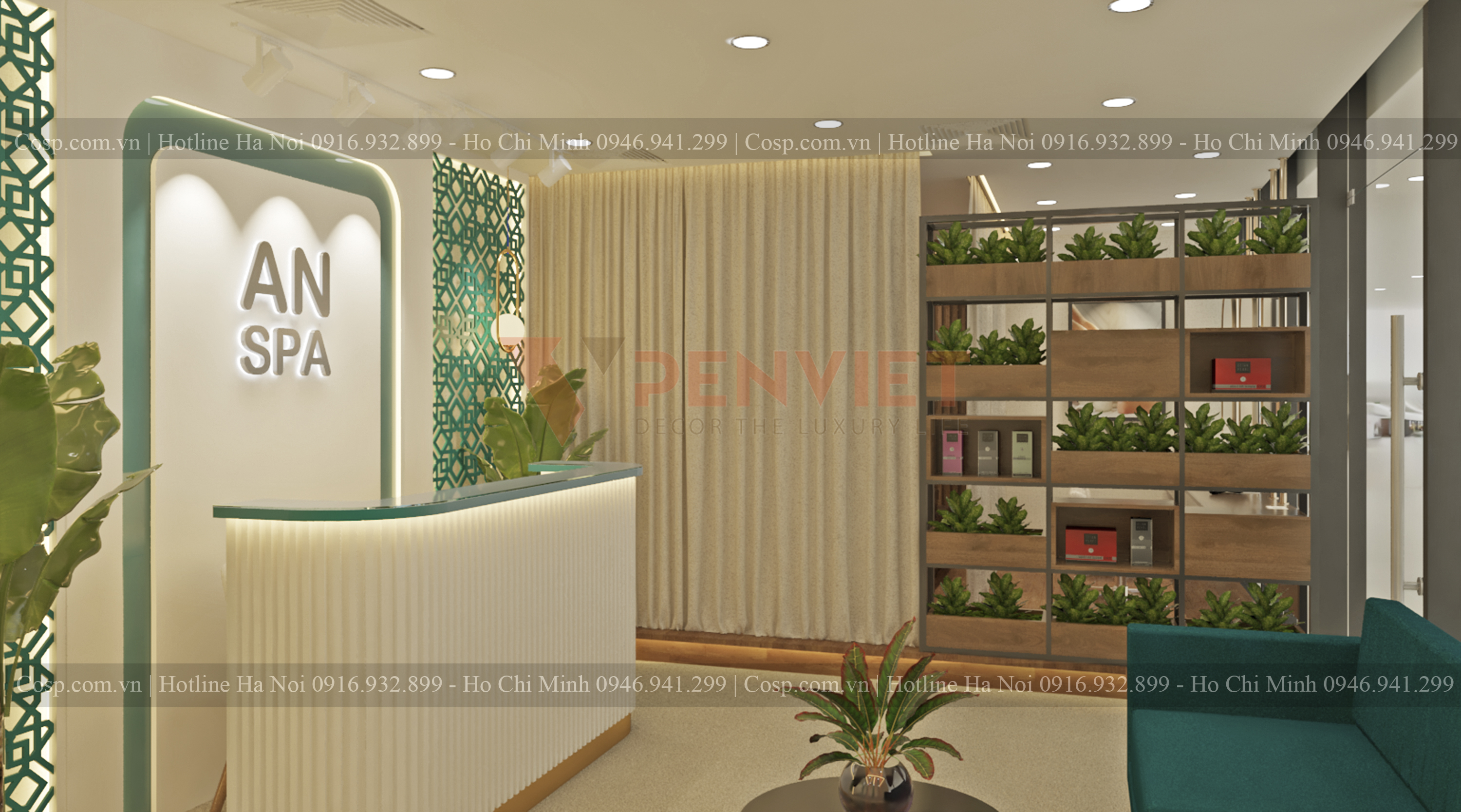 Không gian Spa An được ngăn cách với phòng khách bằng bộ kệ
