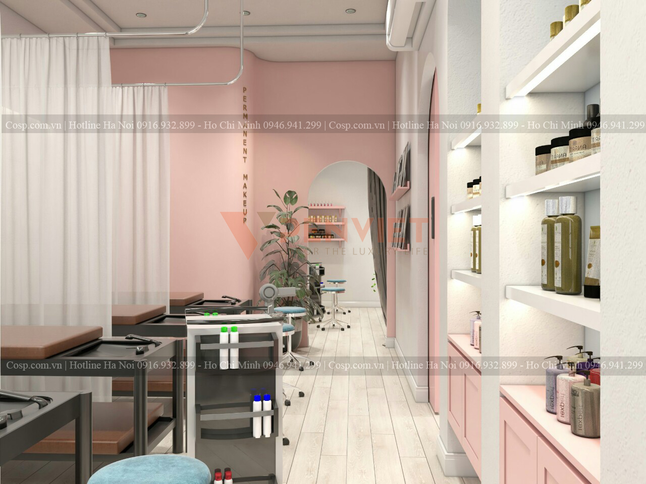 Thiết kế spa với tone hồng pastel cuốn hút