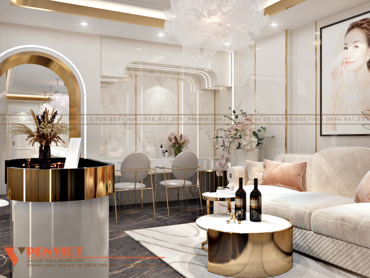 Mẫu bàn trà mặt đá nhân tạo được setup trọng tiệm spa