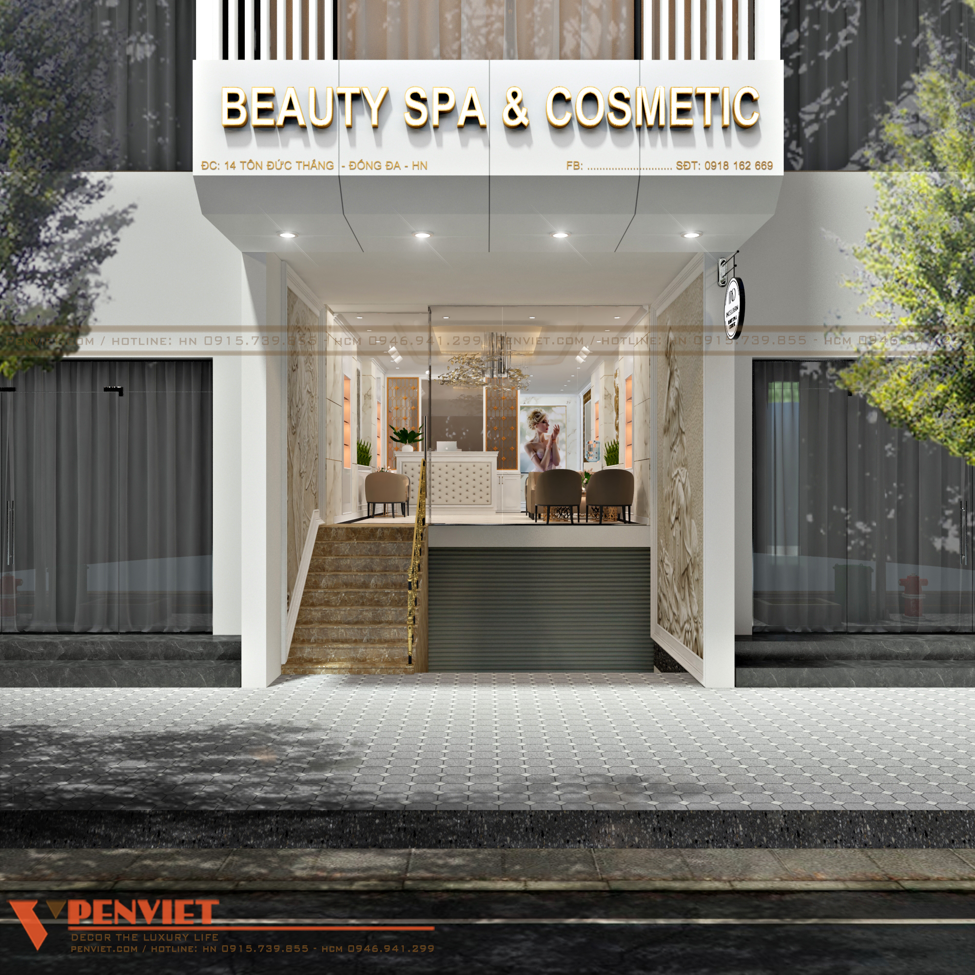 Từ ngoài nhìn vào không gian thiết kế spa vô cùng nổi bật