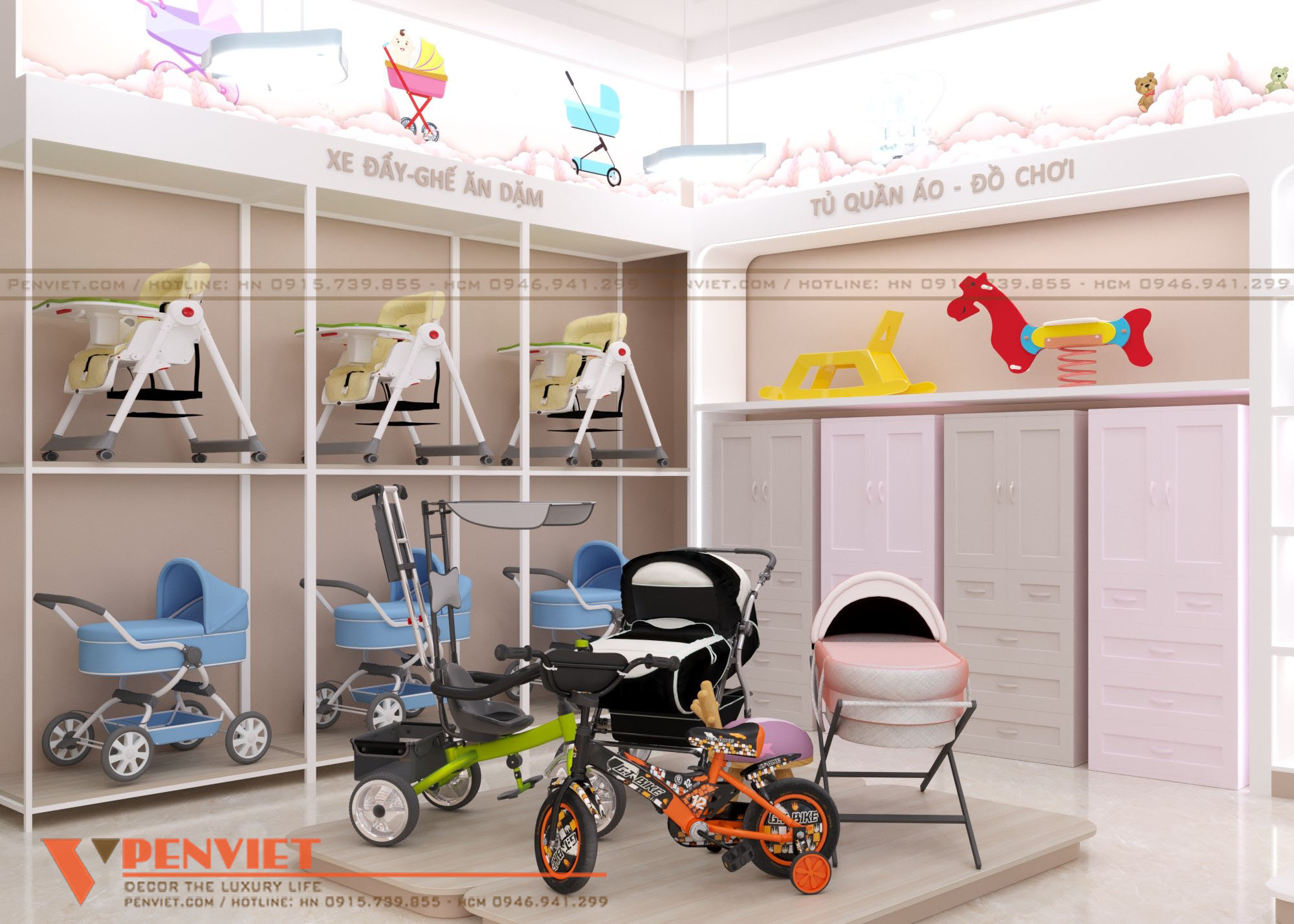 Kết hợp các loại vật liệu linh hoạt trong mẫu thiết kế shop mẹ và bé