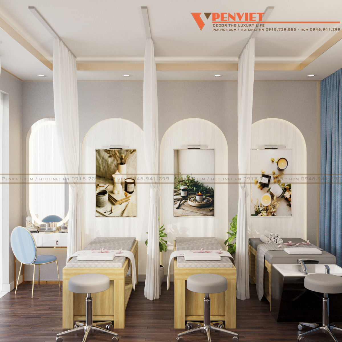 Thiết kế spa mini được setup bàn sấy và gương decor sang trọng