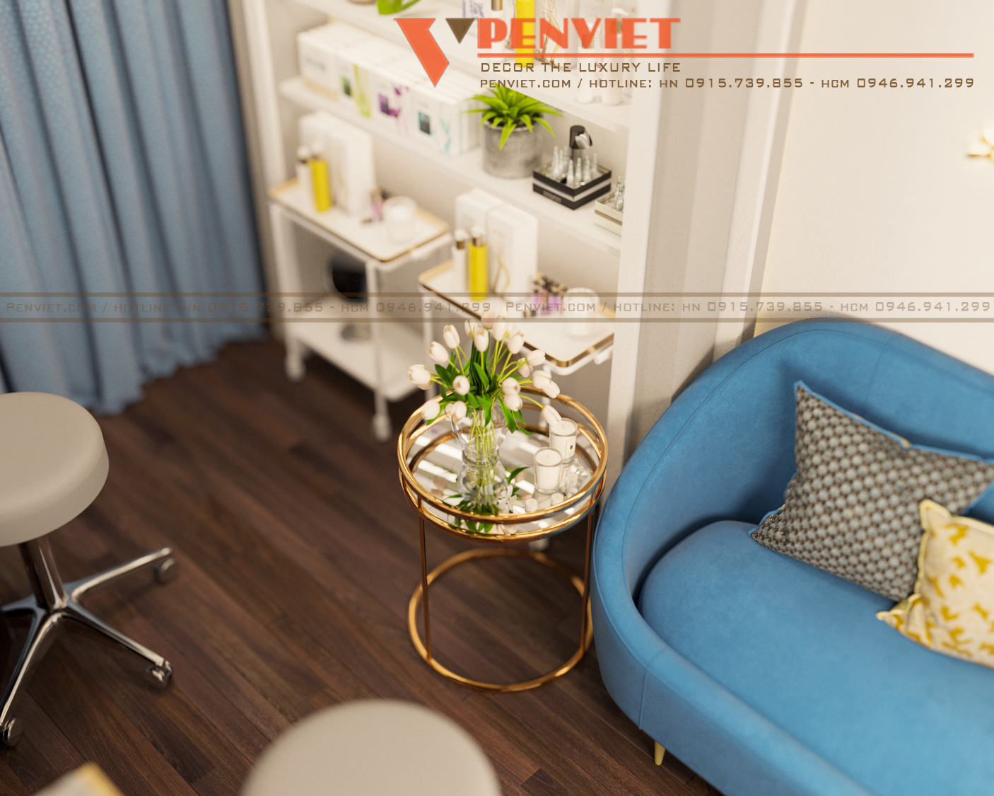 Mẫu thiết kế nội thất spa sử dụng bàn trà khung Inox làm tôn lên vẻ đẹp hiện đại