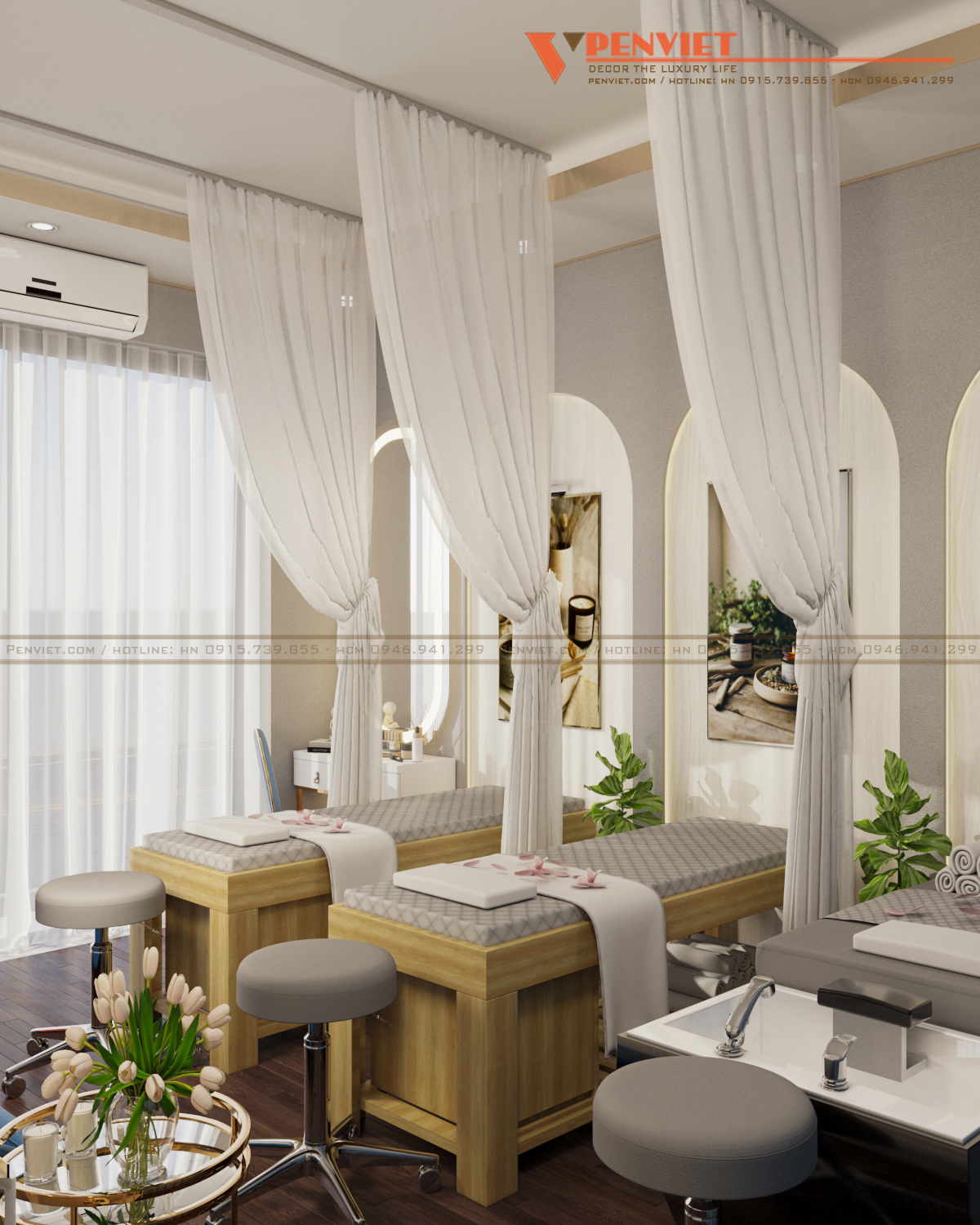 Thiết kế spa mini được setup với 2 giường trị liệu và một giường gội