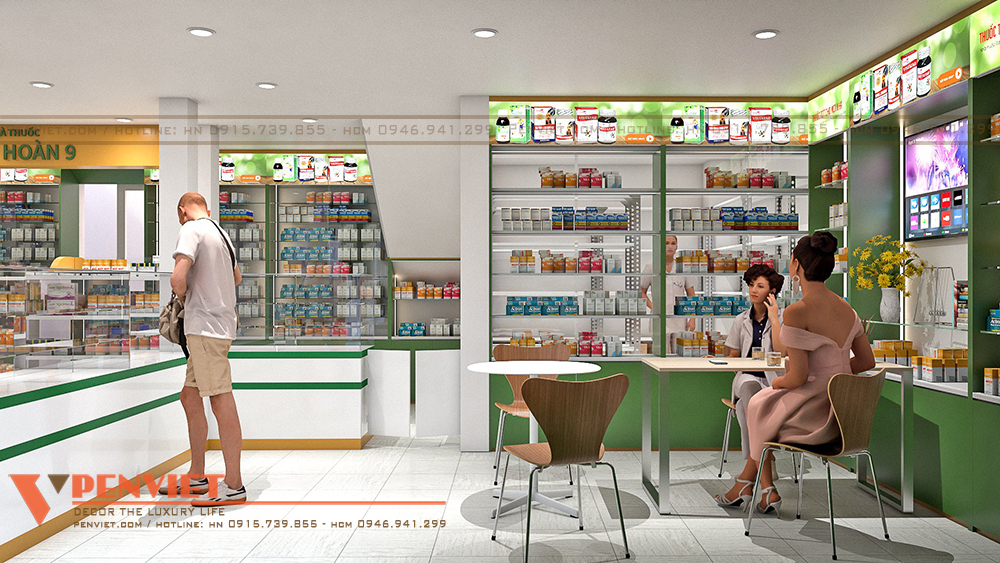 Màu xanh lá và vàng cao là tone màu chủ đạo của nhà thuốc