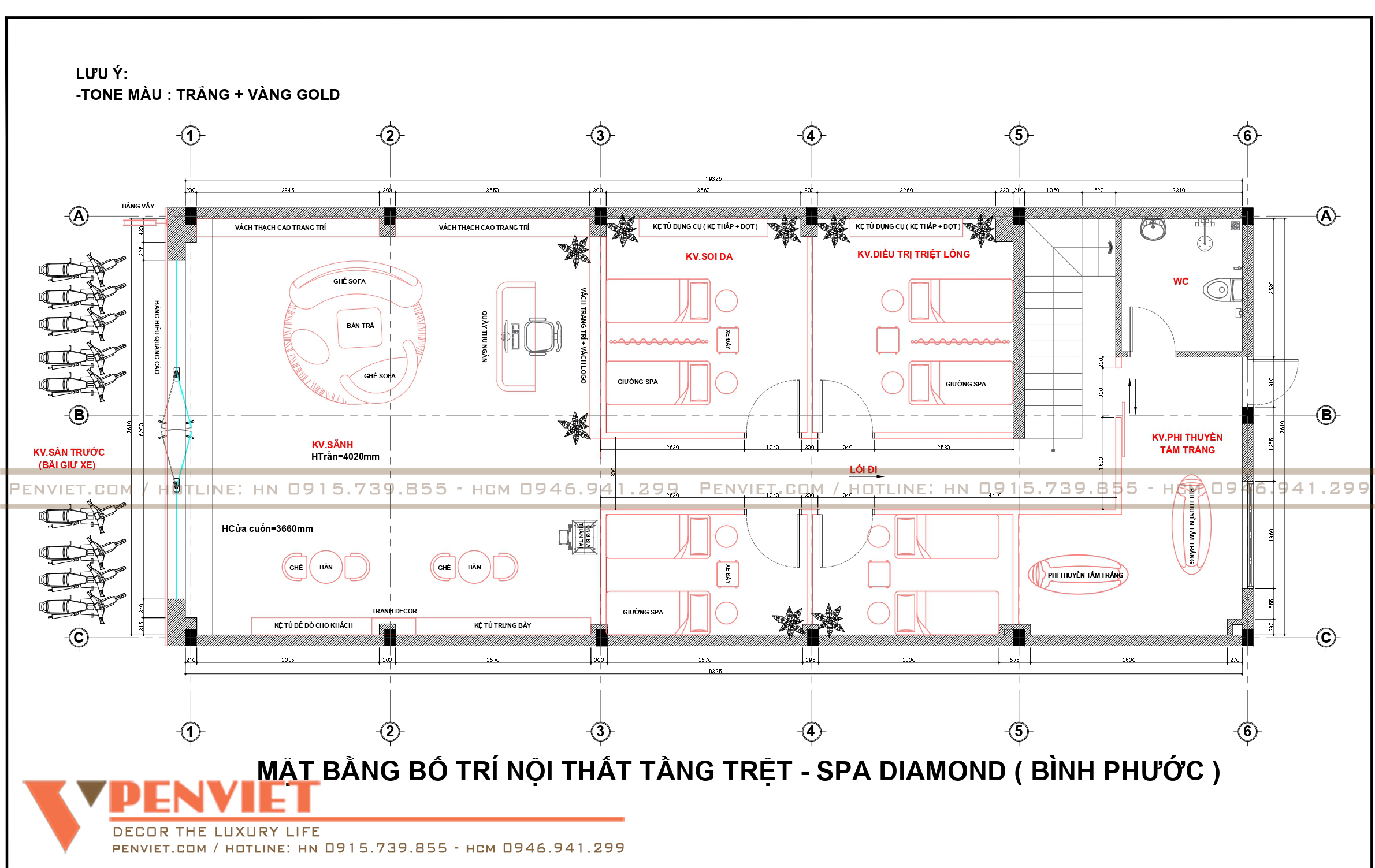 Bố trí mặt bằng khu vực tầng trệt thiết kế spa Diamond