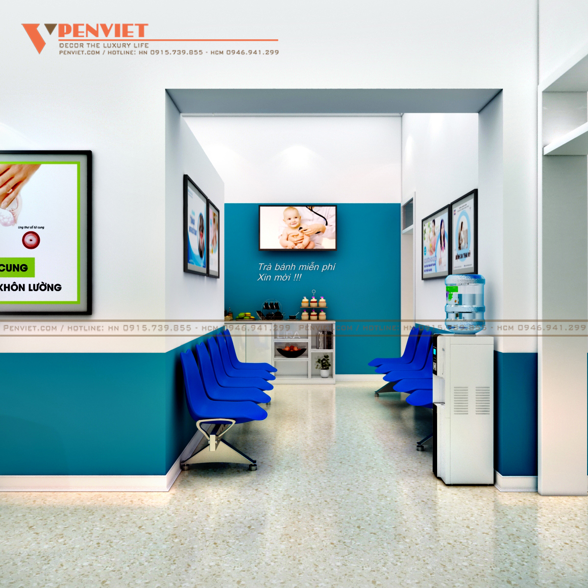 Hành lang phòng khám có ghế chờ cho bệnh nhân