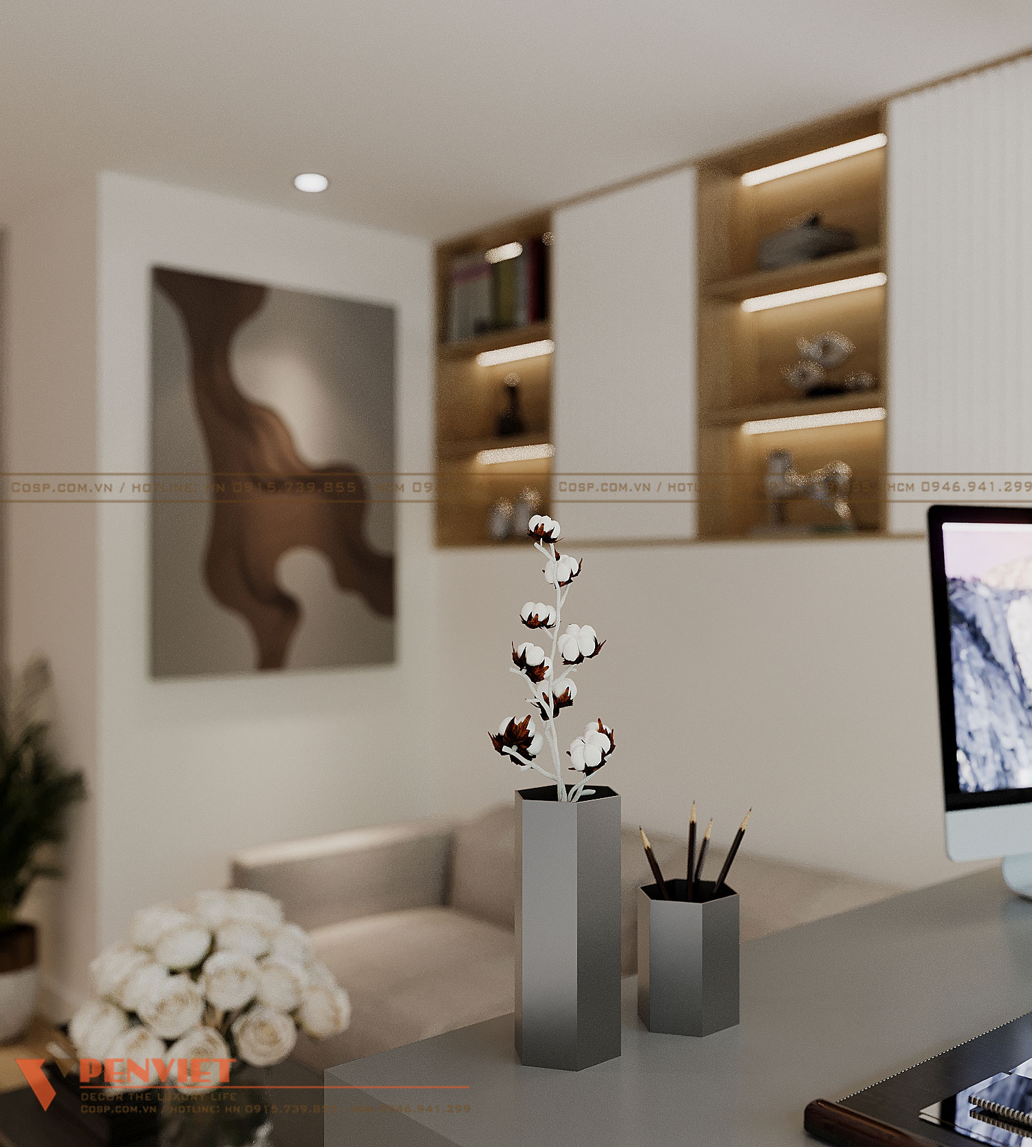 Bàn làm việc được setup nội thất mang đến sự nhất quán trong phong cách thiết kế