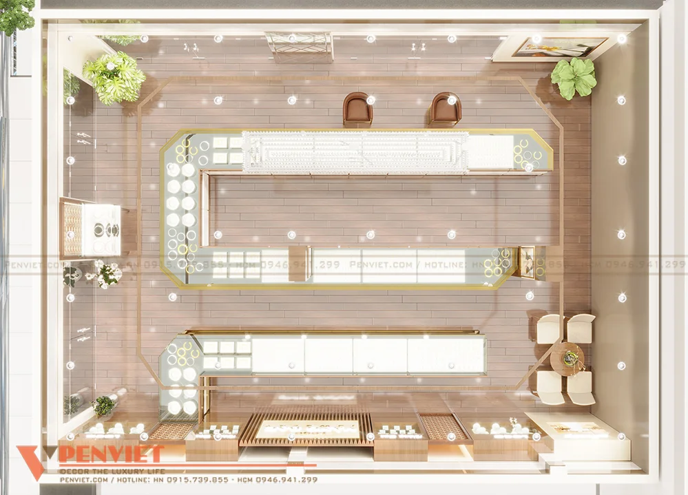 Mẫu tủ cao cấp chữ U và chữ L trong dự án thiết kế tiệm vàng Vũ Hùng