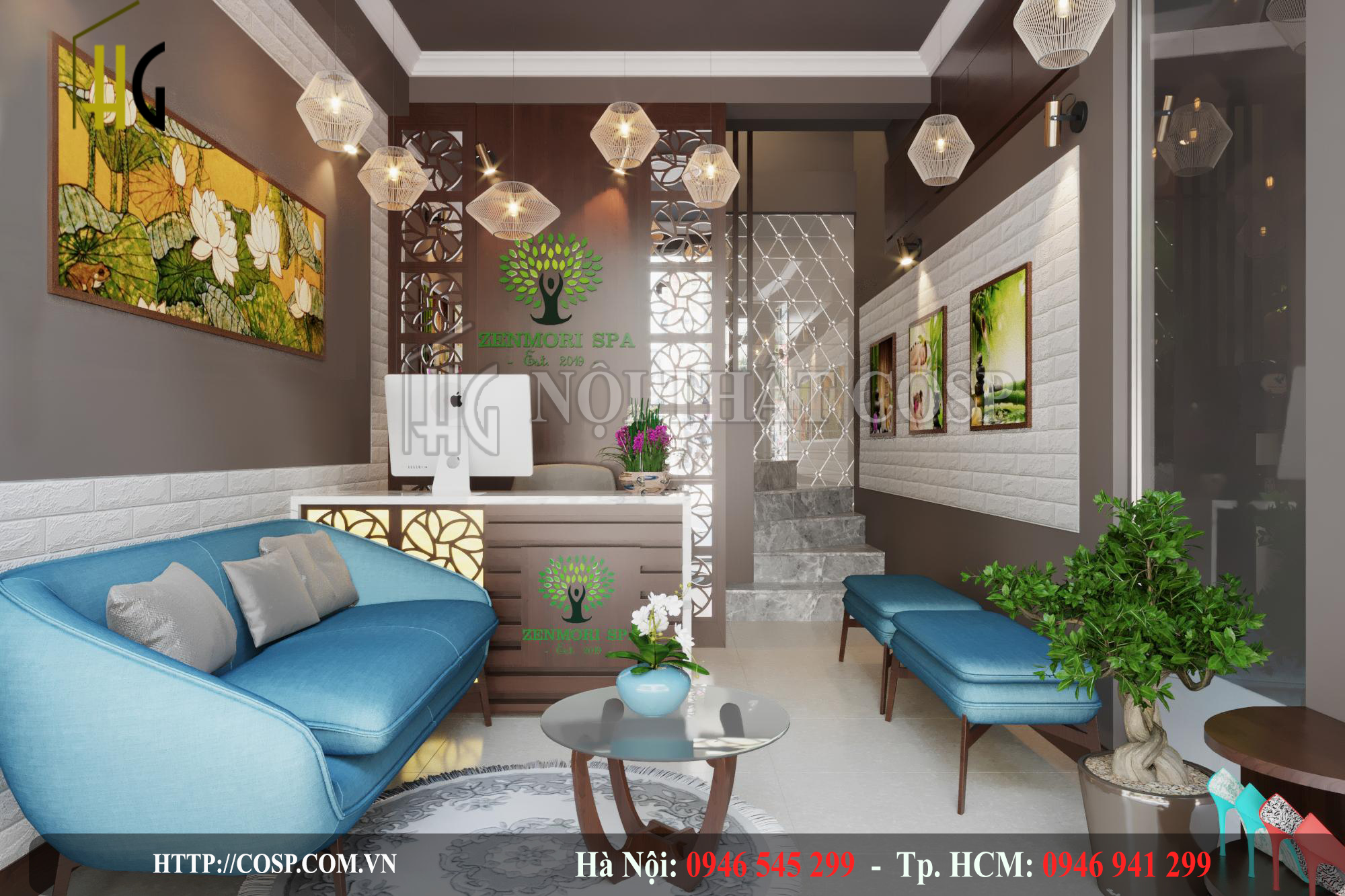 Hệ thống ánh sáng trong phòng khách của spa