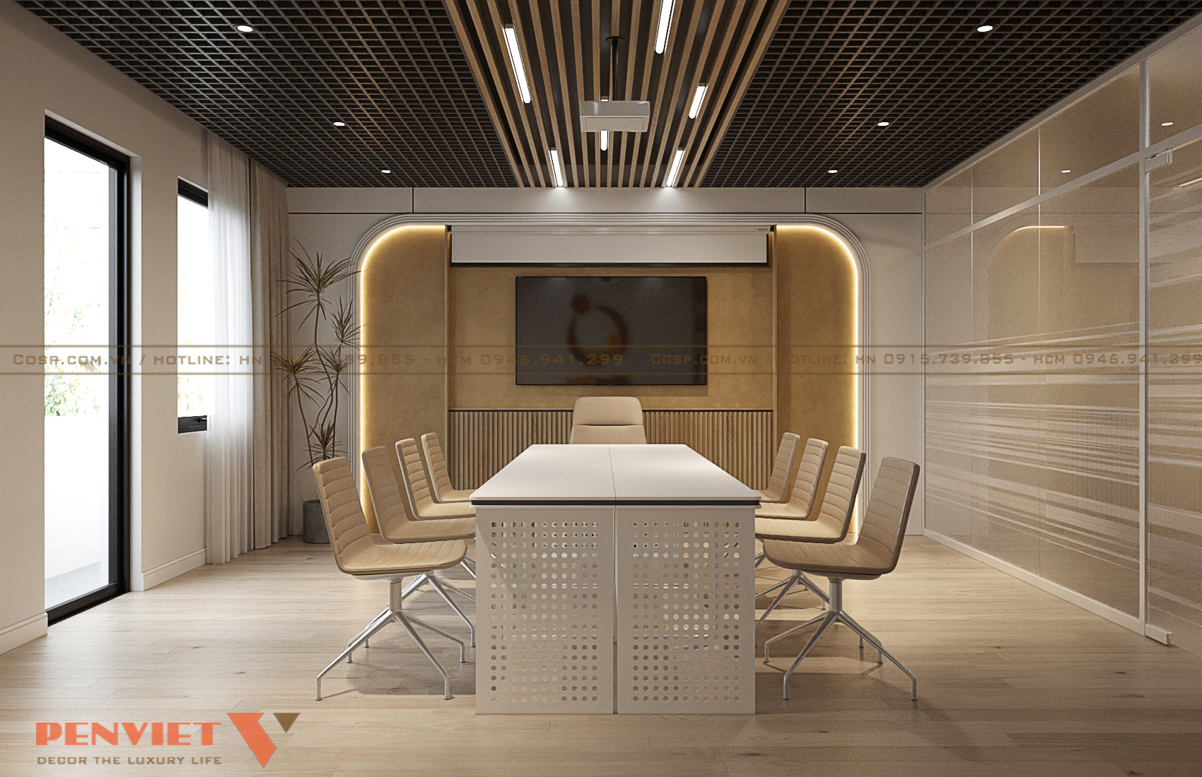 Vách máy chiếu phòng họp nổi bật với hệ thống đèn Led viền