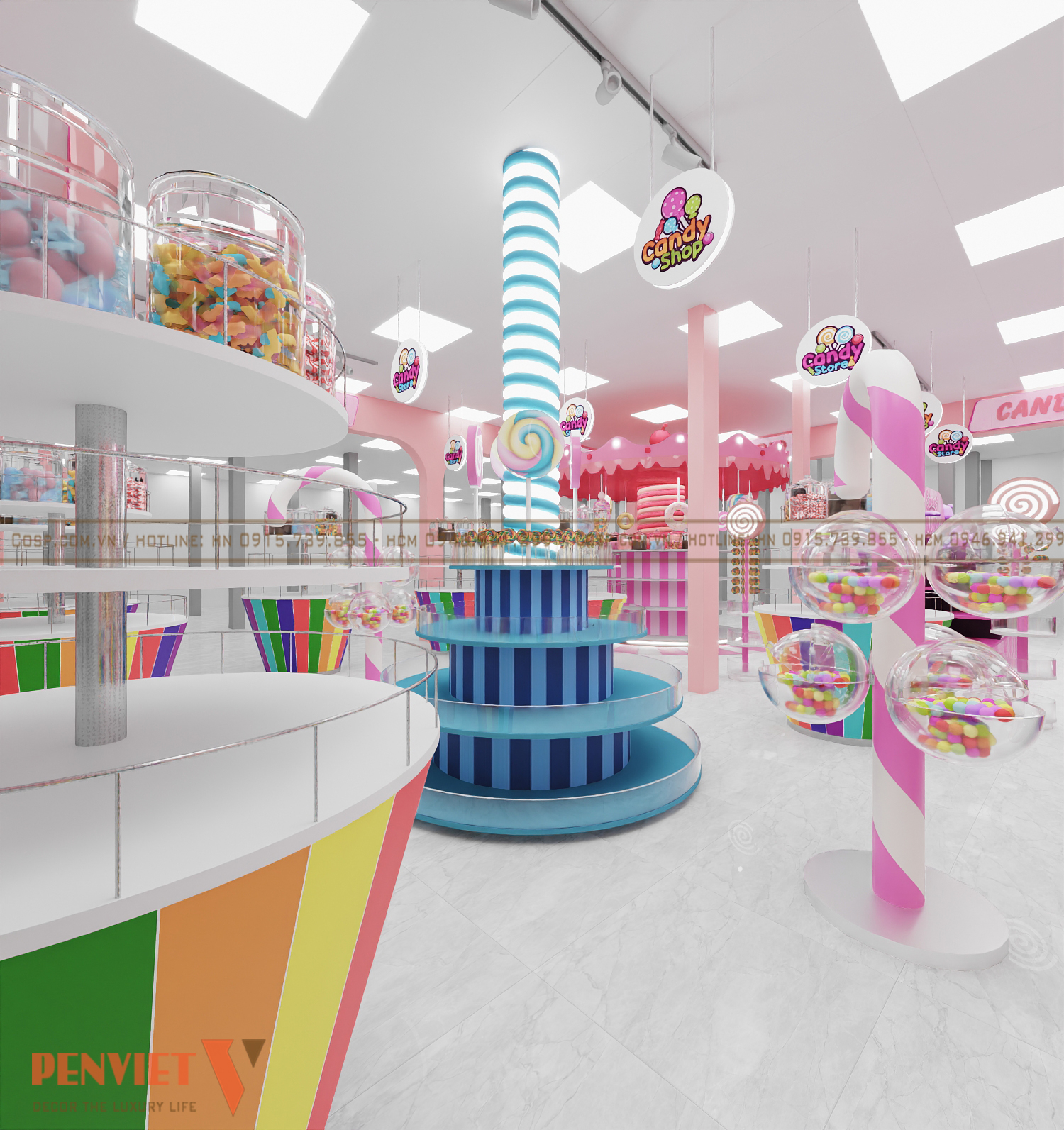 Sắc màu của hệ thống quầy kệ, chi tiết trang trí giống như những cây kẹo dễ thương