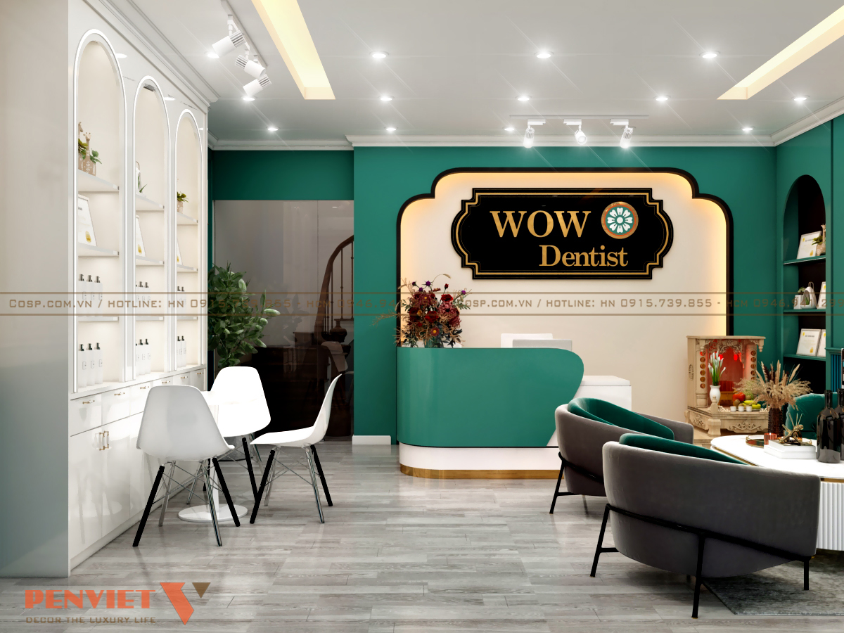 Quầy thu ngân và vách logo của phòng khám nha