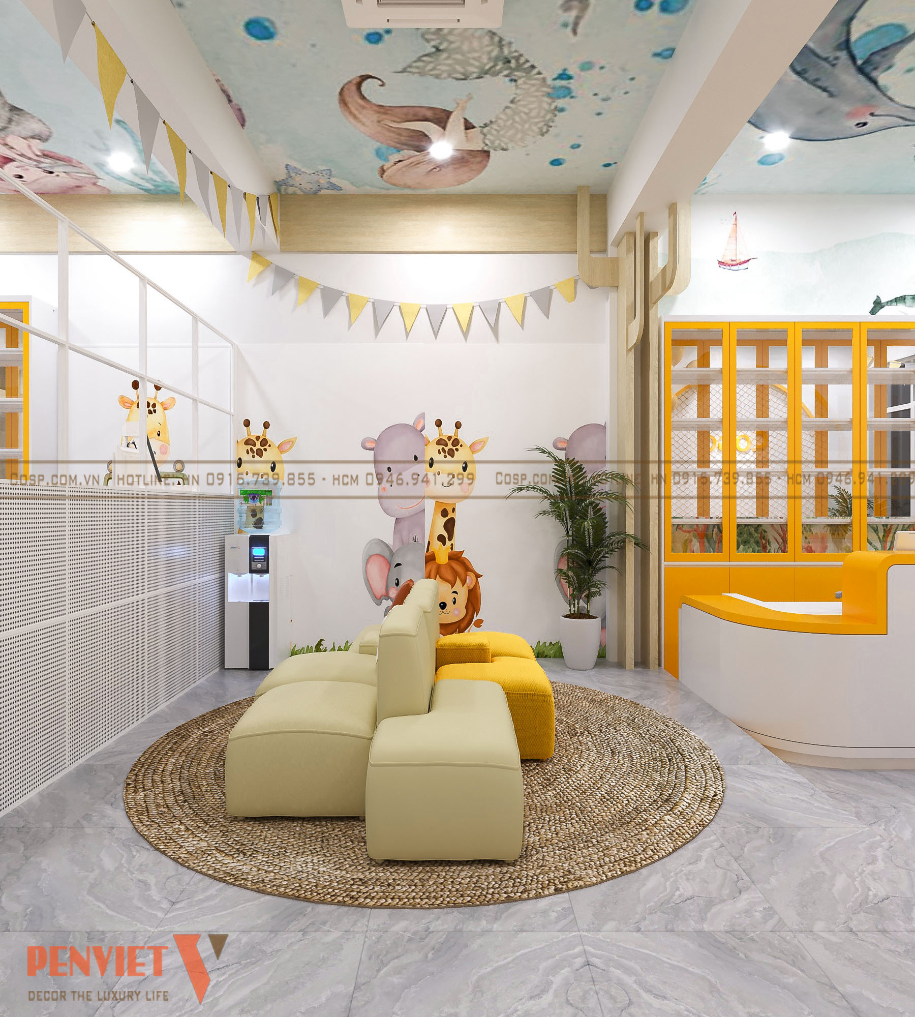 Khu vực sảnh chờ với nhiều đồ trang trí dễ thương