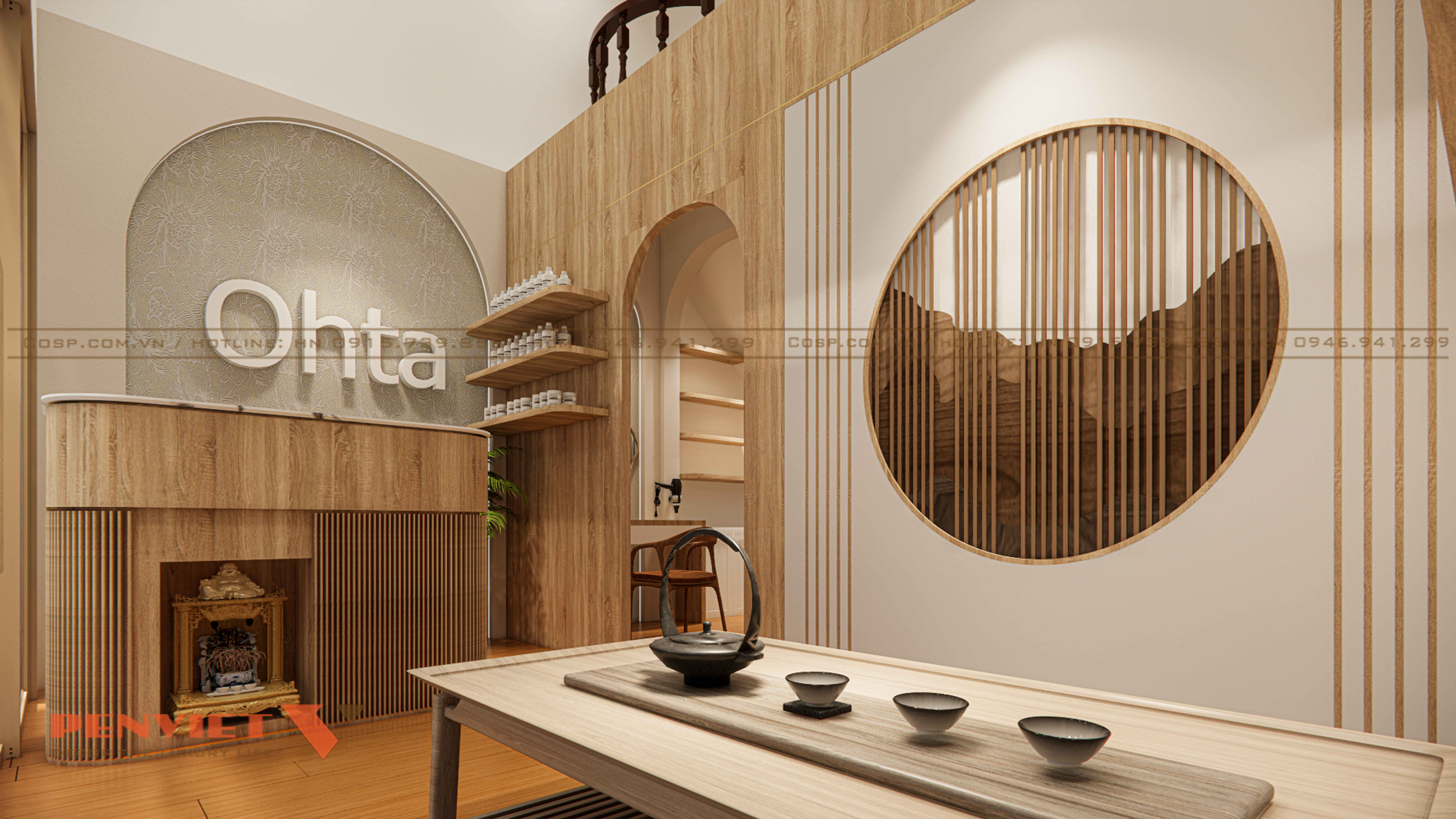 Khu vực quầy lễ tân và vách logo