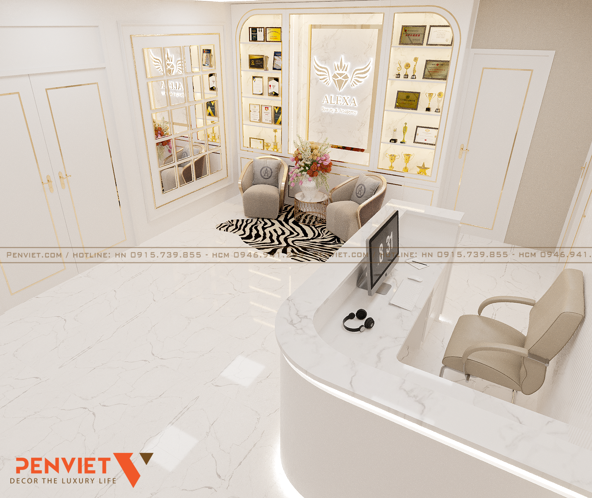 Quầy lễ tân được ốp họa tiết đá vân mây sang trọng