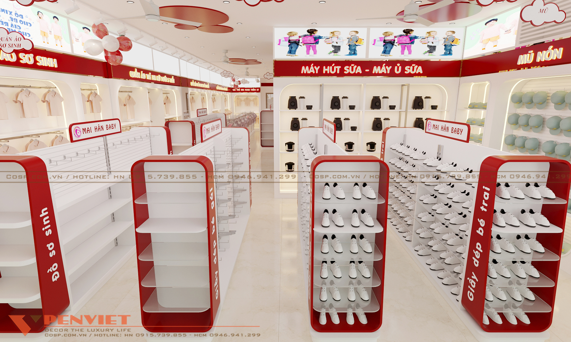 Các mặt hàng mũ món, dụng cụ hút sữa, xe đẩy được sắp xếp gọn gàng