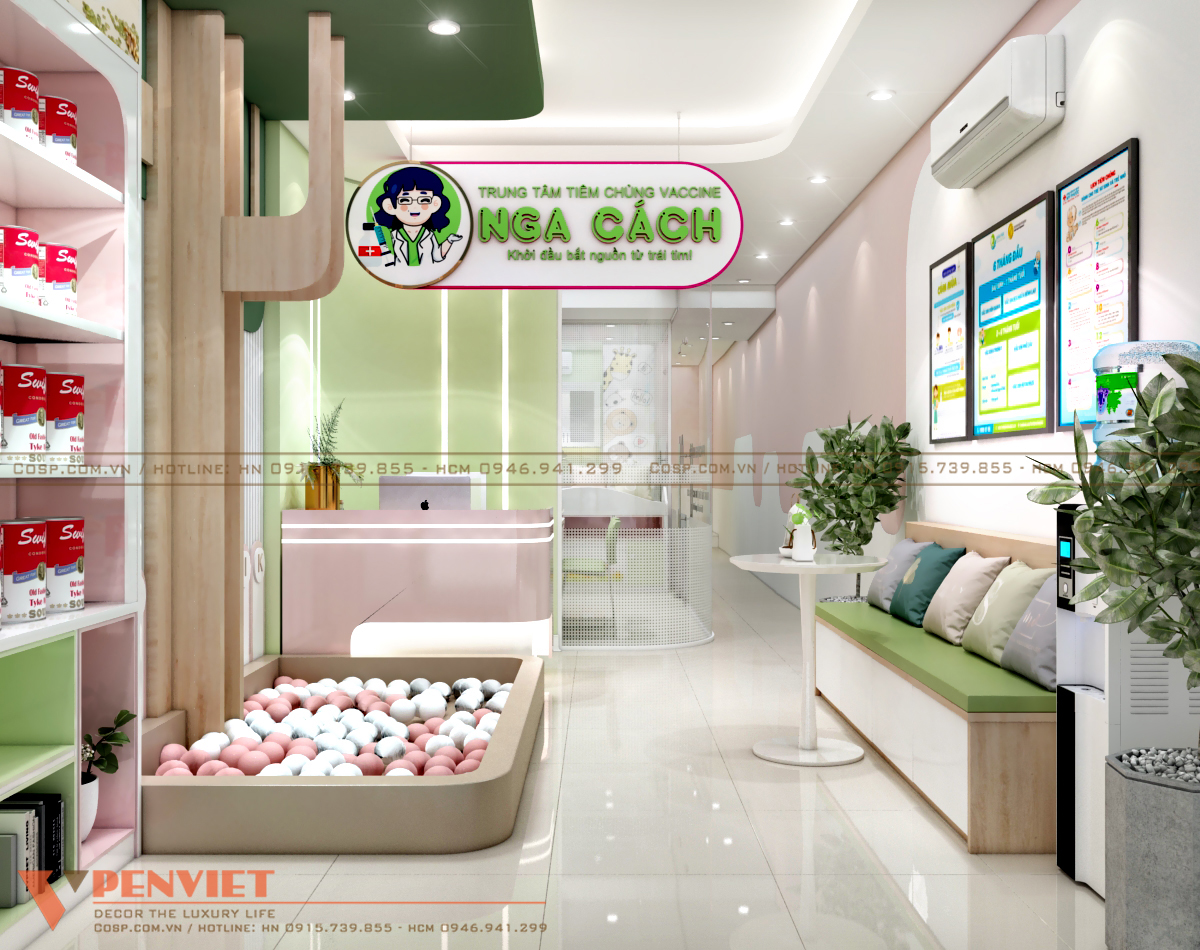 Sử dụng gam màu hồng dễ thương cho khu vui chơi, quầy lễ tân