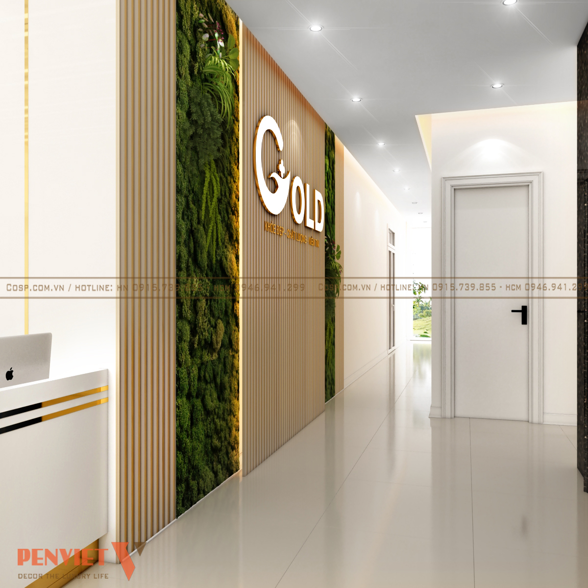 Lối đi có trang trí vách logo nổi bật