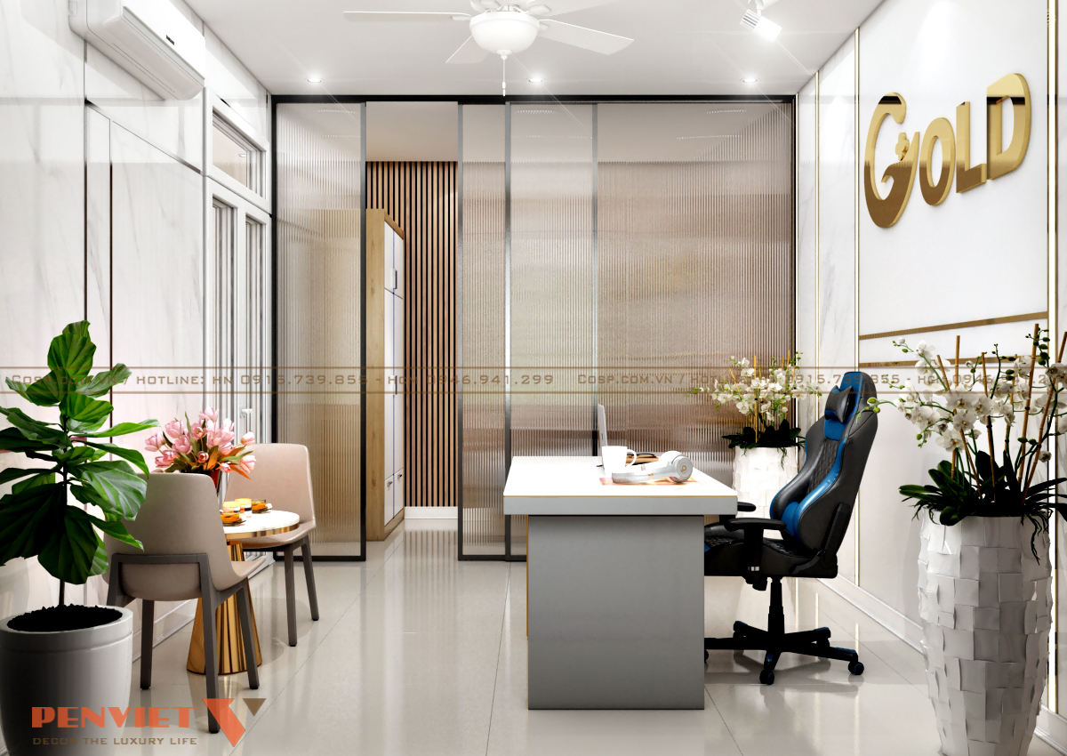 Vách ngăn kính mờ phân chia giường ngủ và phòng làm việc