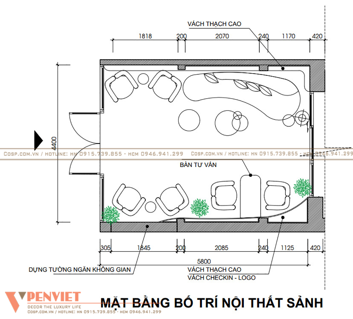 Mặt bằng bố trí nội thất sảnh của thẩm mỹ viện Lê Duyên