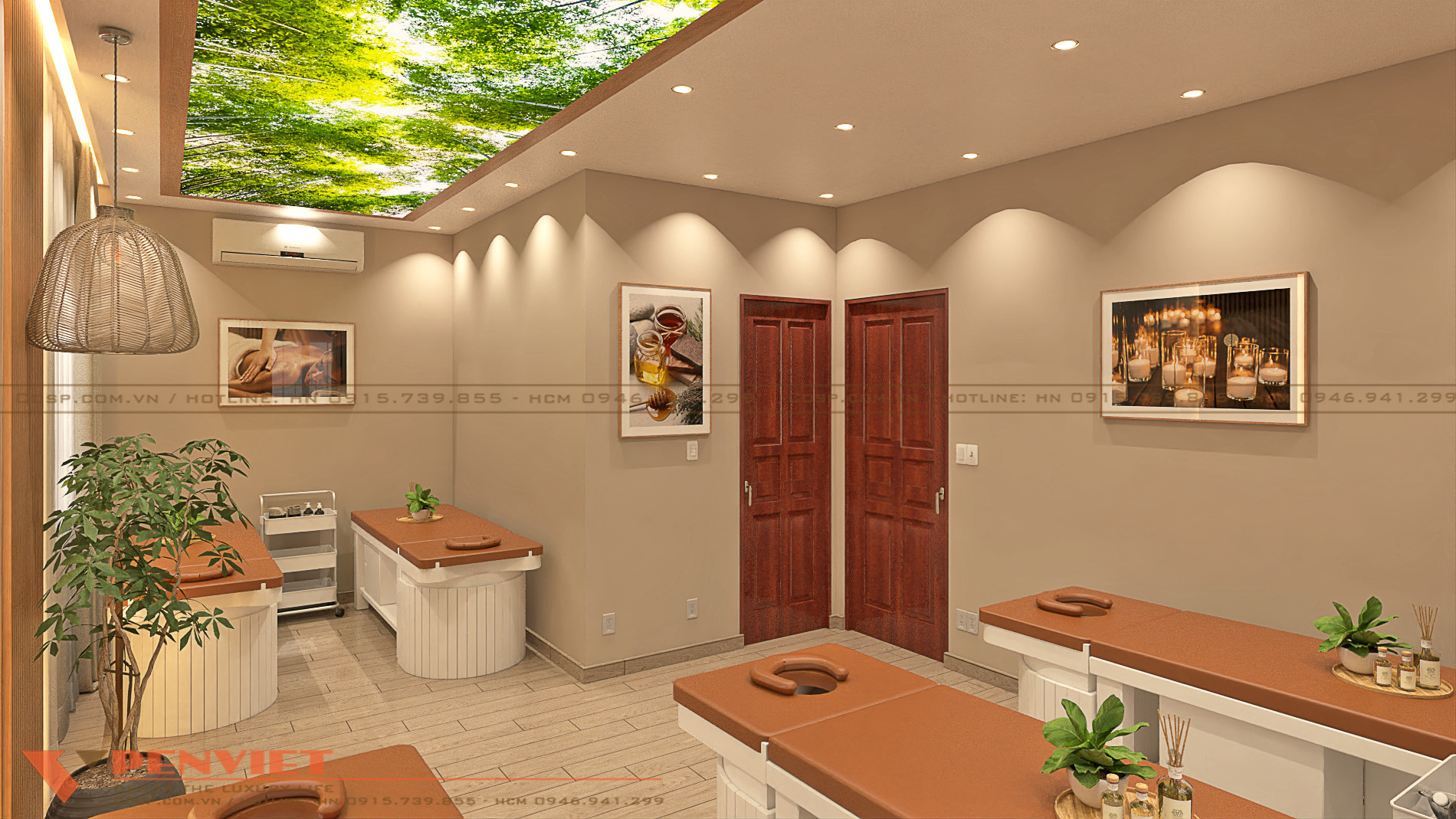 Không gian phòng gội có trang trí tranh ốp đèn