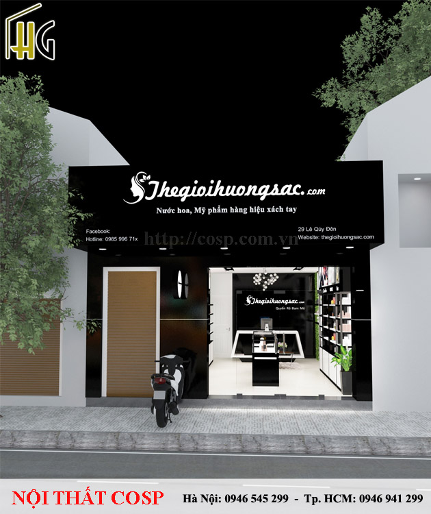 Thiết kế mặt tiền cửa hàng mỹ phẩm, nước hoa Anh Long