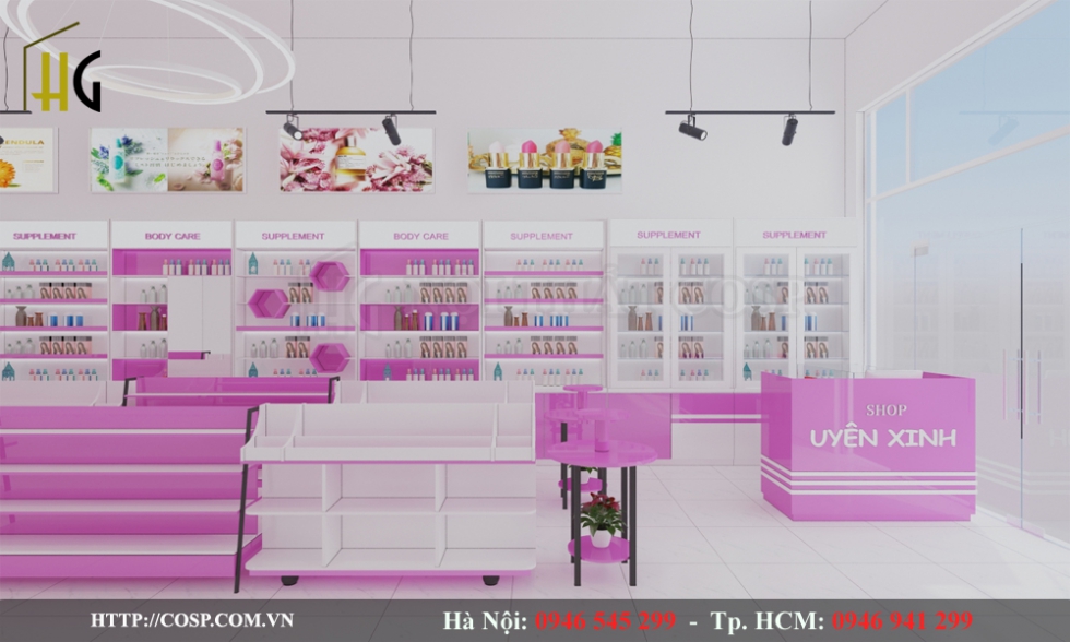 Sắp xếp bố cục shop mỹ phẩm theo dạng thẳng