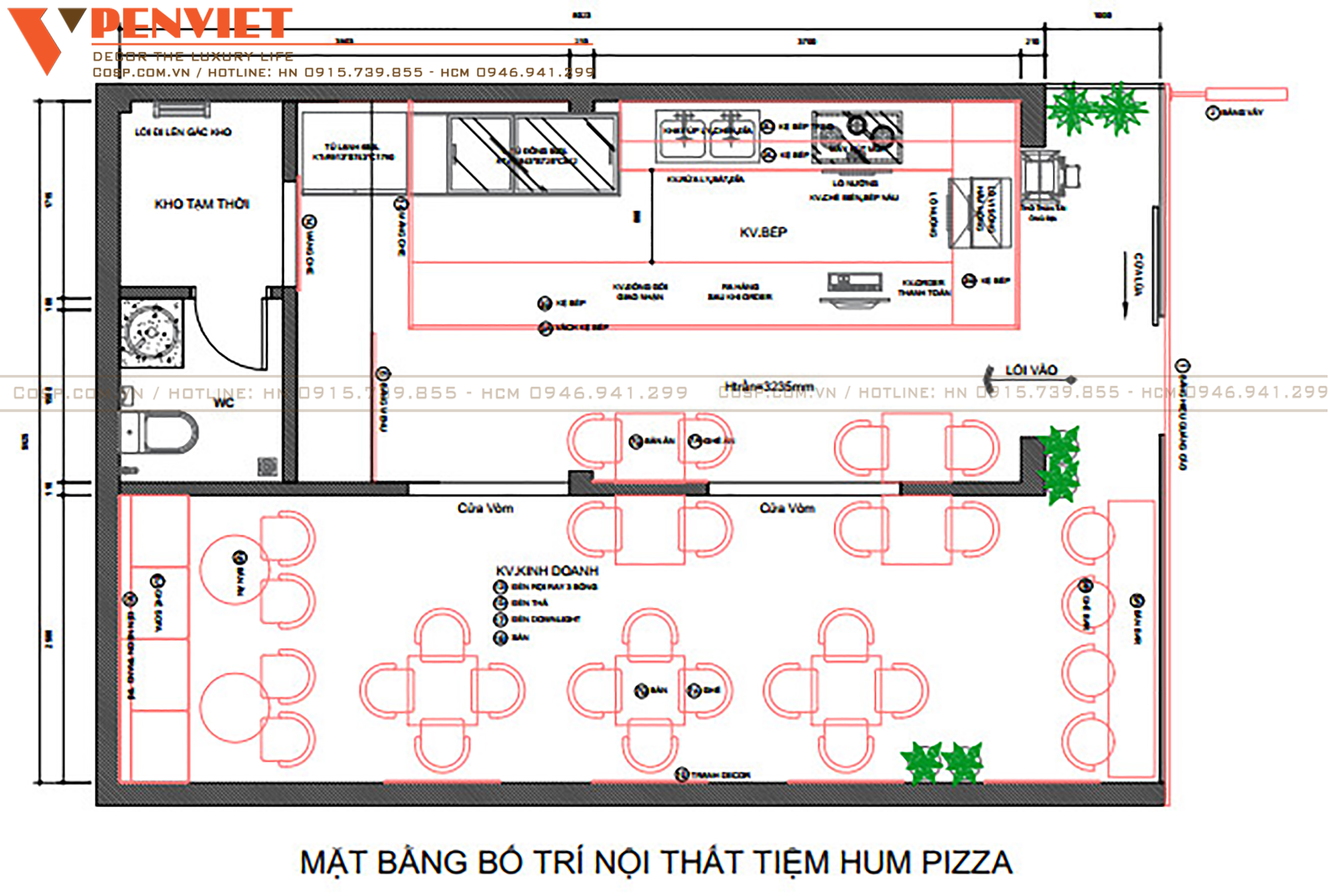 Mặt bằng bố trí nội thất tại tiệm pizza Hum