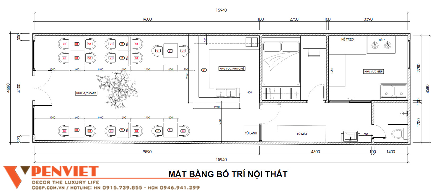Mặt bằng bố trí nội thất quán trà sữa và cơm Việt