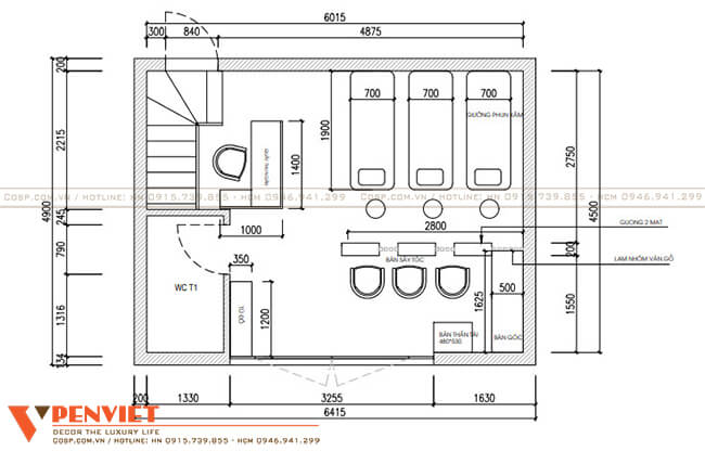 Bố trí mặt bằng trong thiết kế salon tóc ác dụng phân chia khu vực làm tóc với khu vực gội đầu, mang đến tính thẩm mỹ cho không gian.