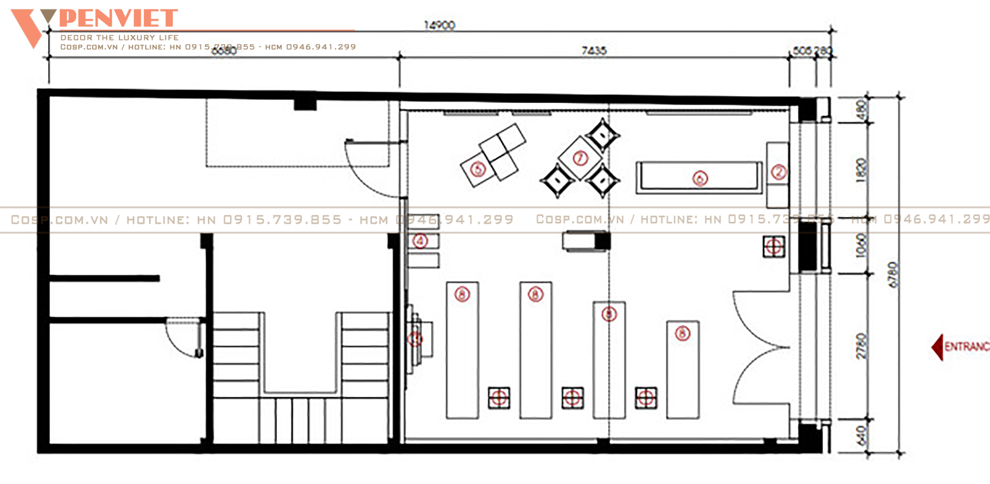 Mặt bằng bố trí nội thất showroom phụ kiện Triple S
