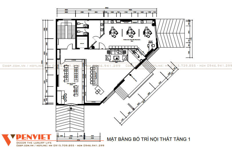 Bố trí nội thất tầng 1 trong thiết kế spa kết hợp phòng khám Hoàng Gia Diamond