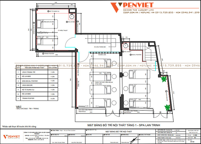 Bố trí mặt bằng tầng 1 spa Lan Trinh