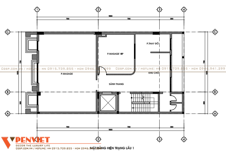 Mặt bằng hiện trạng lầu 1 trong thiết kế spa Phương Loan