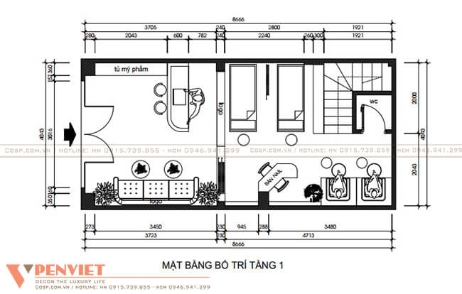 Bố trí mặt bằng nội thất tại tầng 1 spa Trang Beauty