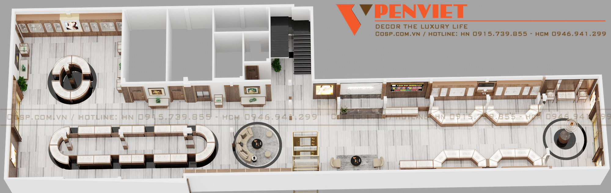 Phối cảnh 3D mặt bằng bố trí nội thất tầng 1