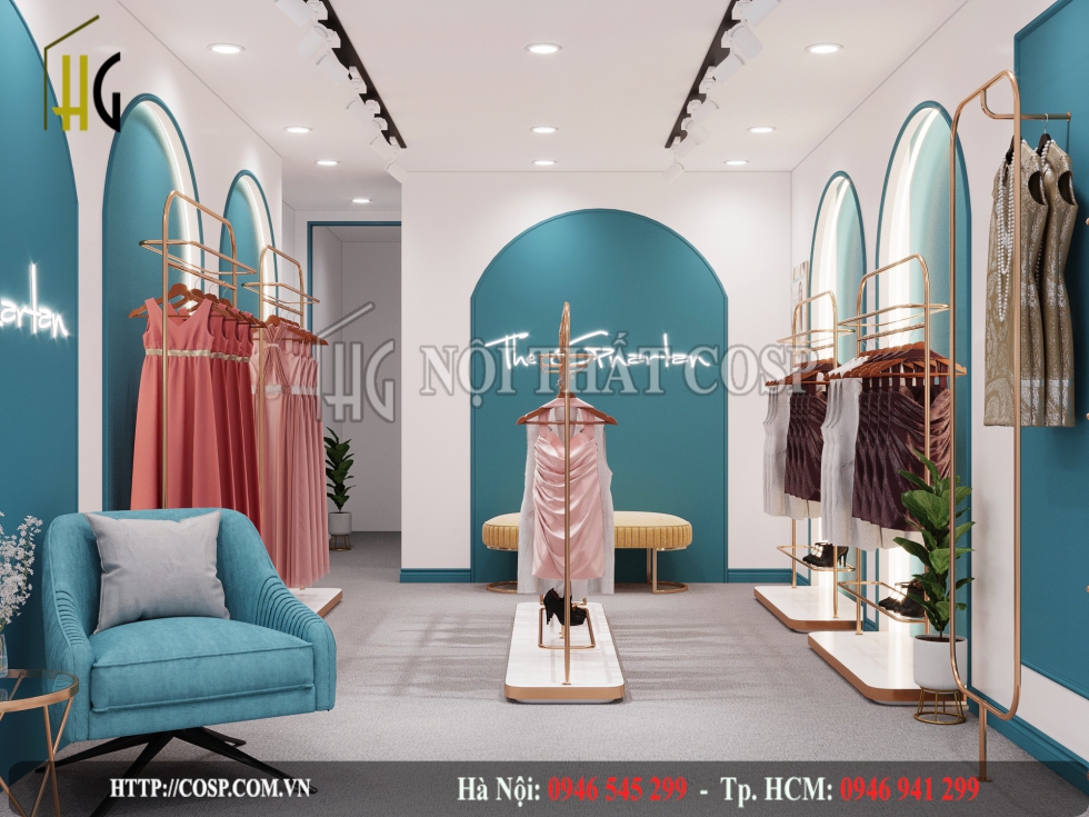 Thiết kế tủ kệ trưng bày giữa nhà cho shop quần áo