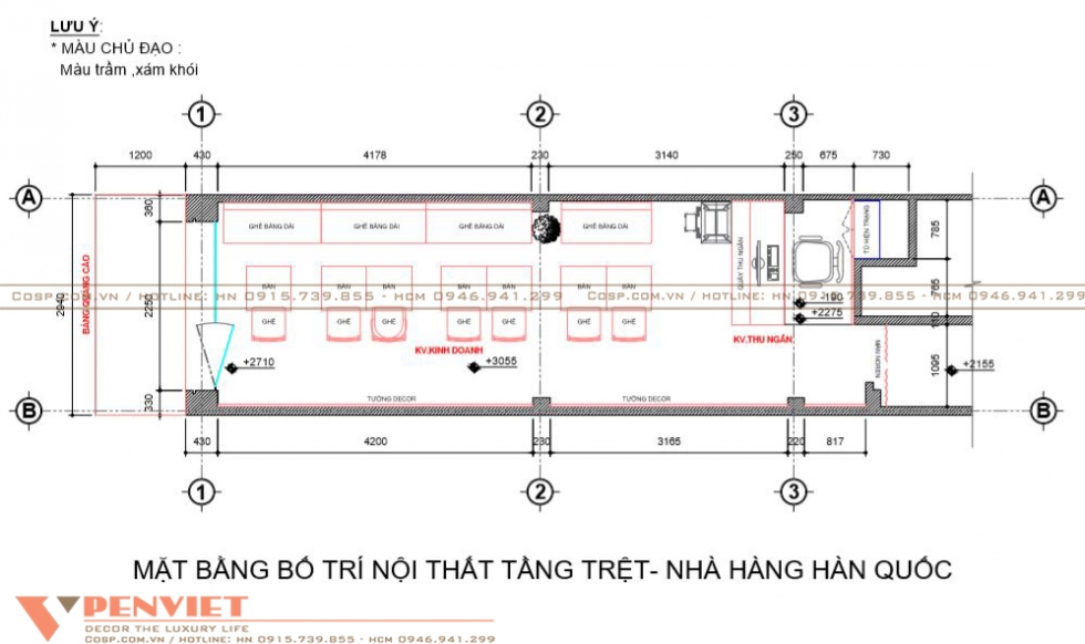 Mặt bằng nội thất tầng trệt nhà hàng 
