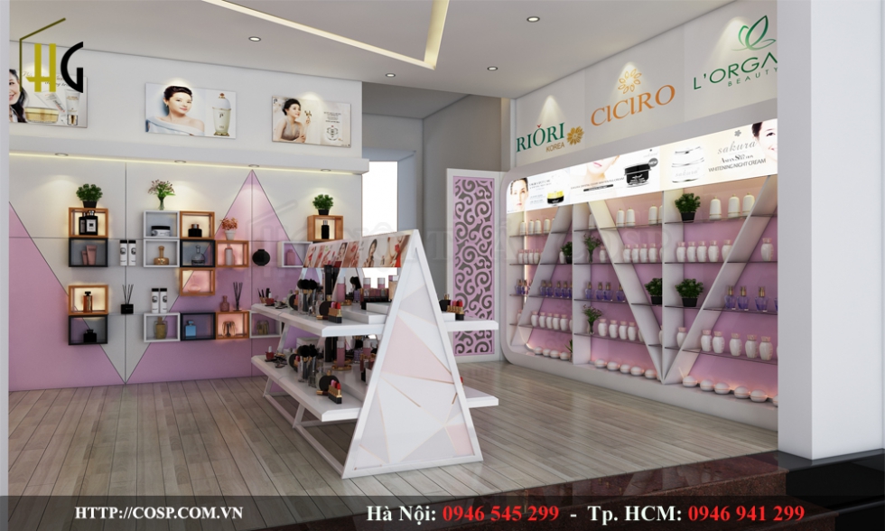Bố trí không gian trưng bày mỹ phẩm thoáng đãng