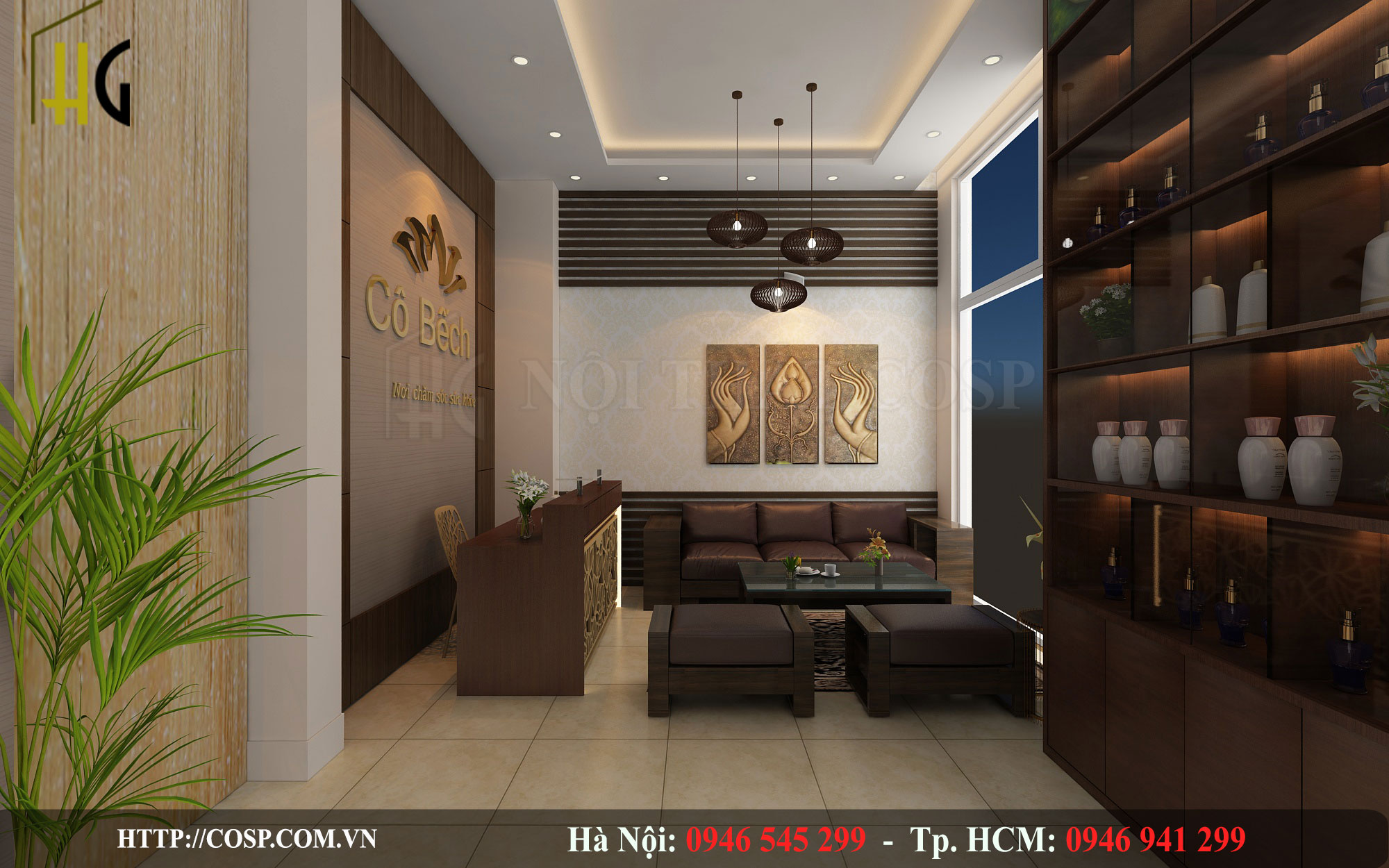 Điểm nổi bật trong mẫu thiết kế spa này là việc sử dụng phù điêu đồng trong décor