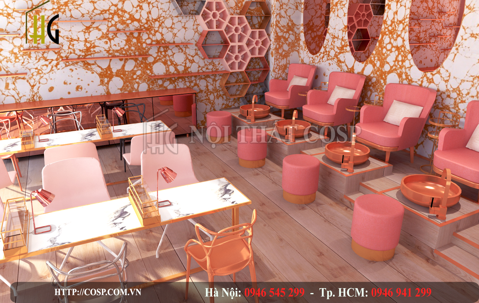 ​Sử dụng màu hồng với nhiều sắc độ khác nhau tạo nên thiết kế spa ấn tượng