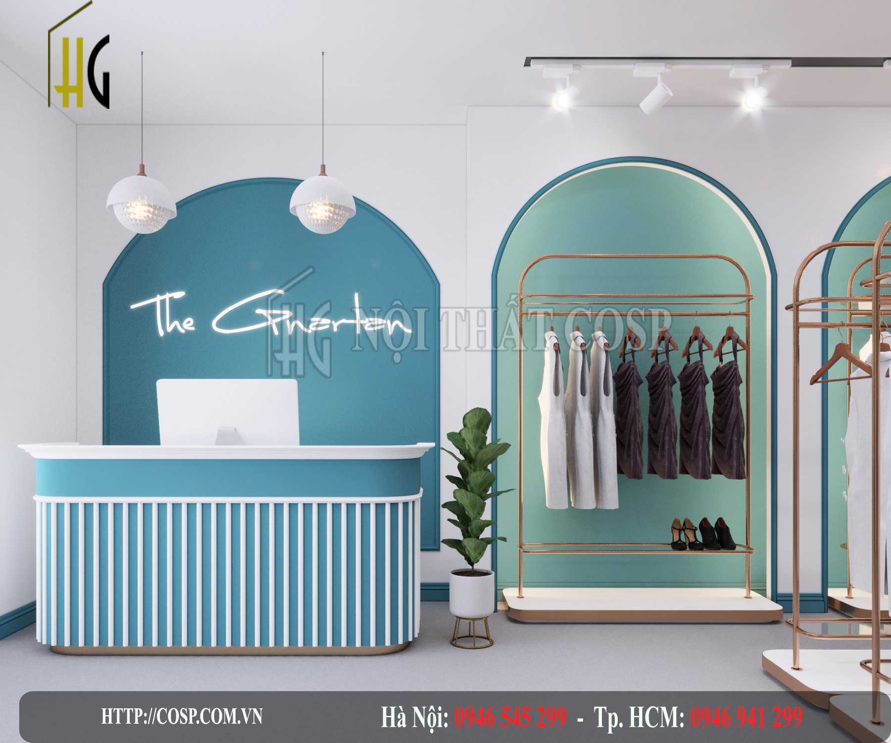 Thiết kế shop quần áo với tone màu xanh ngọc bích