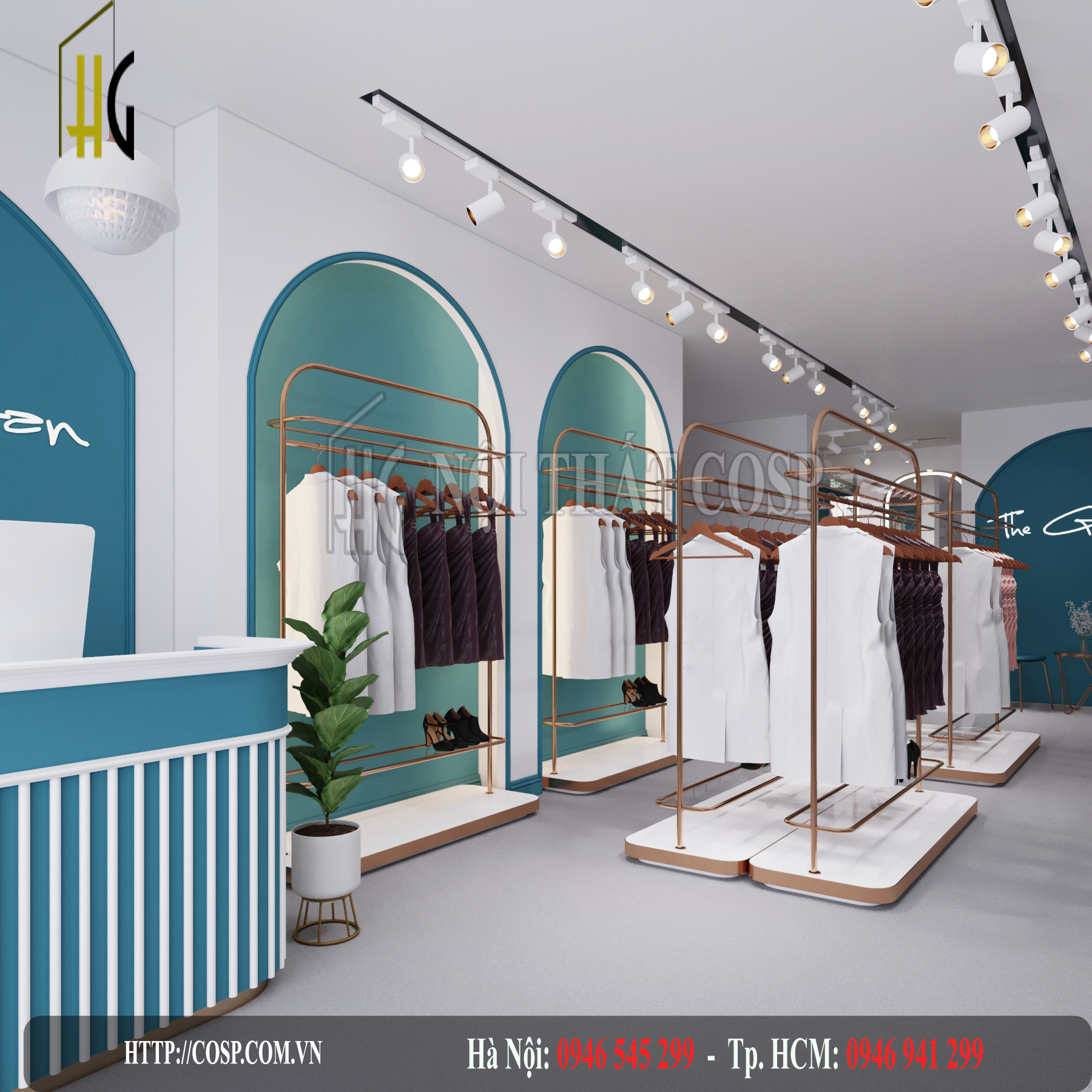 Không gian shop thời trang tràn ngập màu xanh ngọc bích