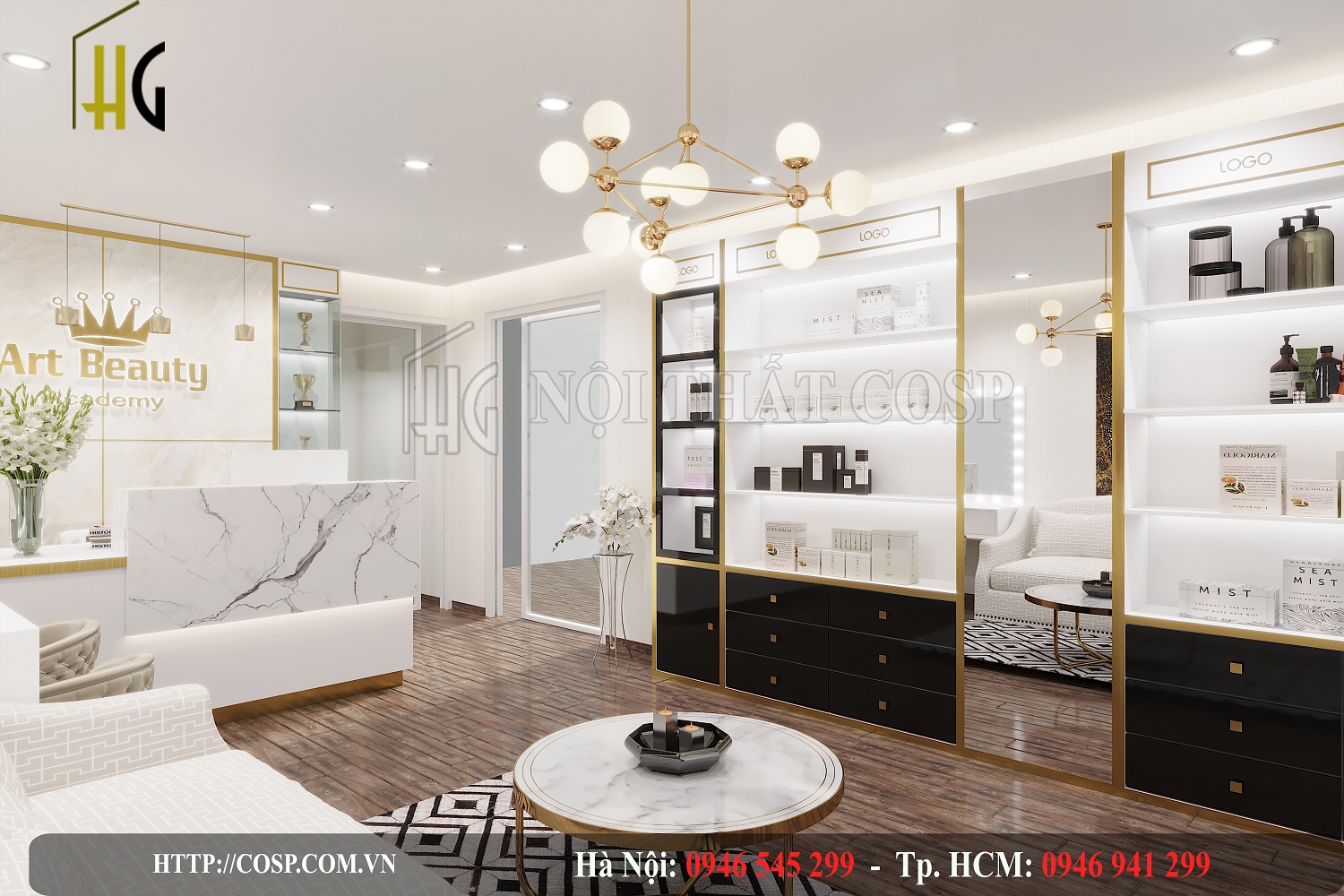 Thiết kế cửa hàng mỹ phẩm với tone màu trắng làm chủ đạo