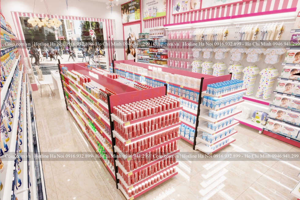 Hệ thống kệ trưng bày được sắp xếp hợp lí